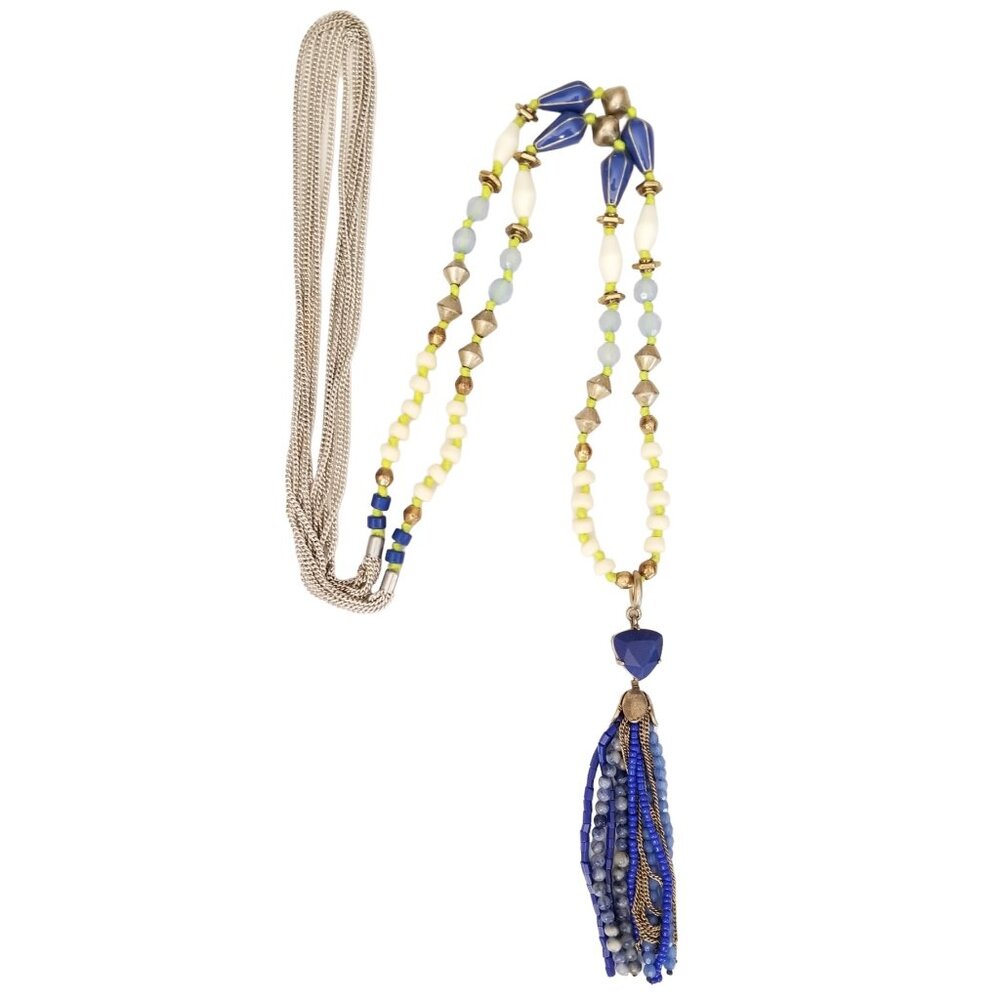 Stella Dot Silver Tone Azure Tassel Pendant Blue Beads Chain Necklace